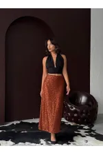 Topshow Brown Sequined Long Skirt - High Waist, Elegant Evening Dress Combination