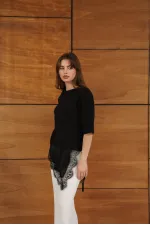 D 2942 ASYMMETRICAL T-SHIRT WITH LACE AND SATIN DETAILS - BLACK