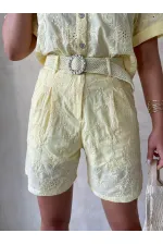 Nakışlı Vual Şort - Sarı Topshow