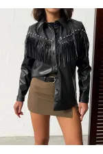 Chemise en similicuir à franges tombantes F 2043 - Noire