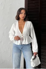 Topshow Nakış Detaylı Bağlamalı Toptan Bluz - Krem | F1992