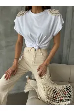 Topshow Beyaz Omuzu Dantelli Toptan T-Shirt