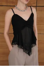 Strappy Lace Detail Tulle Wholesale Blouse - Black | D2979 - Topshow