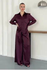 Yüksek Bel Bol Paça Saten Pantolon – Şık Ve Rahat Tasarım - Mürdüm | F2052