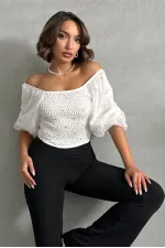 Gipeli Papatya Desenli Toptan Bluz - Krem | TOPSHOW | F0988