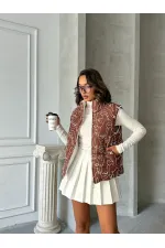 Karışık Baskı Desenli Elyaflı Şişme Toptan Yelek - Kahve | TOPSHOW | F1749