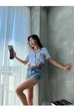 Topshow Blue Striped Belt Detailed Striped Wholesale Shirt