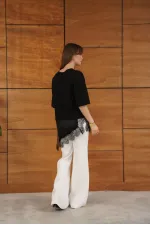 D 2942 ASYMMETRICAL T-SHIRT WITH LACE AND SATIN DETAILS - BLACK