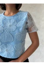 Boncuk İşlemeli Toptan Bluz - Mavi | Topshow