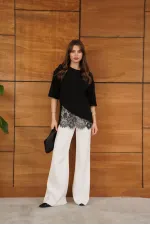 D 2953 DANTEL DETAYLI ASİMETRİK TİŞÖRT - SİYAH