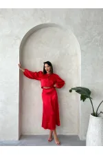 Kraşlı Saten Toptan Etek - Kırmızı | Topshow | F1915