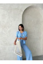 Önden Bağlamalı Nakışlı Toptan Bluz - Açık Mavi | Topshow