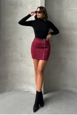 Süet Fermuarlı Toptan Etek - Bordo | TOPSHOW | F0121