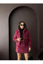 Topshow - Toptan Suni Kürk Görünümlü Kadın Ceket - Bordo
