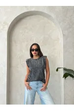 Blouse noire délavée avec détails en pierre - Vente en gros | Topshow