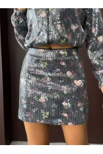 Topshow - Wholesale Flower Printed Sequin Short Skirt - Flower Dsn Sequin