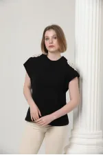 Topshow Siyah Omuzu Dantelli Toptan T-Shirt