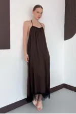 D 3022 DANTEL DETAYLI SATEN ELBİSE - KAHVE