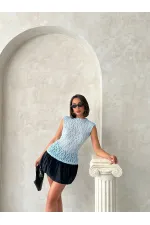 Blouse en dentelle à manches zéro - Bleue (vente en gros) | Topshow