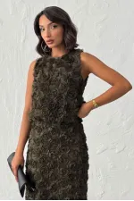 Topshow - Toptan Gül Süzüneli Kolsuz Bluz - Haki