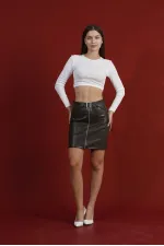 Fermuarlı Deri Toptan Etek - Haki | TOPSHOW | F0125