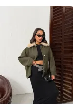 Manteau en cachemire à col peluche et boutons Topshow - Kaki | F2048