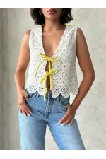 Kot Detaylı Önden Baglamalı Dantel Yelek - Ham Sarı | Topshow