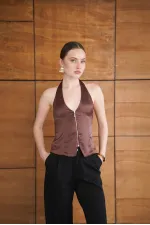 Satin Vest with Zipper - Coffee | D2952 - Topshow Satin Vest with Zipper - Coffee | D2952 - Topshow