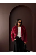 Topshow - Toptan Tavşan Tüyü Dügmeli Kaban - Bordo