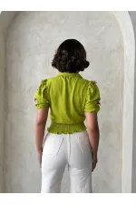 1 Fiyonklu Keten Toptan Gömlek - Fıstık Yeşili | Topshow