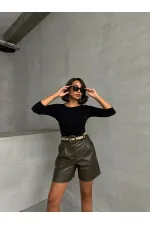 Kemerli Deri Toptan Şort - Haki | TOPSHOW | F1497