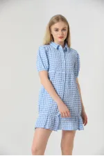 Chemise bleue Topshow en gros, col boutonné, robe en gros