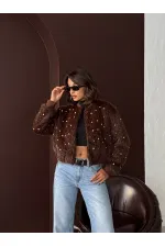Topshow - Veste bomber en fausse fourrure (vente en gros) - Détails perles - Marron