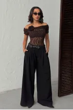 Topshow | Rose Detail Lace Blouse - Coffee | D2749