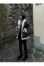 Deri Kürklü Toptan Mont - Siyah Krem | TOPSHOW | F1537