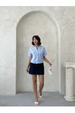 Dantel İşlemeli Toptan Gömlek - Mavi | Topshow