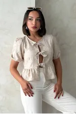 Önden Bağlamalı Nakışlı Toptan Bluz - Taş | Topshow