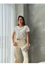 Topshow Raw Blue Short Sleeve Checkerboard Pattern Crochet Wholesale Blouse