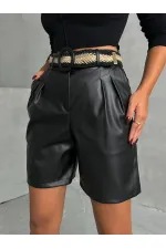 Kemerli Deri Toptan Şort - Siyah | TOPSHOW | F1497