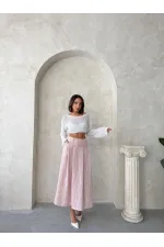 Çizgili Keten Etek - Koyu Pudra | Topshow | F1918