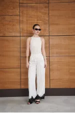 Polka Dot Satin Trousers with Lace Hem - Cream | D2970 - Topshow