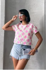 Topshow Raw Pink Short Sleeve Checkerboard Pattern Crochet Wholesale Blouse