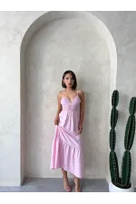 Robe longue en lin à bretelles et col en V - Rose | Topshow