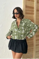 Çiçek Nakışlı Fermuarlı Ceket - Haki | Topshow | F1948