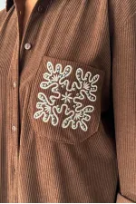 Topshow - Wholesale Embroidered Corduroy Shirt with Pocket - Brown