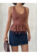 Dantel Detaylı Askılı Toptan Bluz- Kahve | Topshow