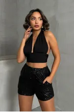 Topshow Siyah  Pullu Toptan Abiye Şort