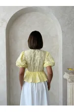 Önden Bağlamalı Nakışlı Vual Bluz - Sarı Topshow