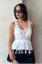 Güpür Detaylı Askılı Toptan Bluz   Krem | Topshow