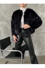 Topshow Siyah Suni Kürk Toptan Ceket | F1615